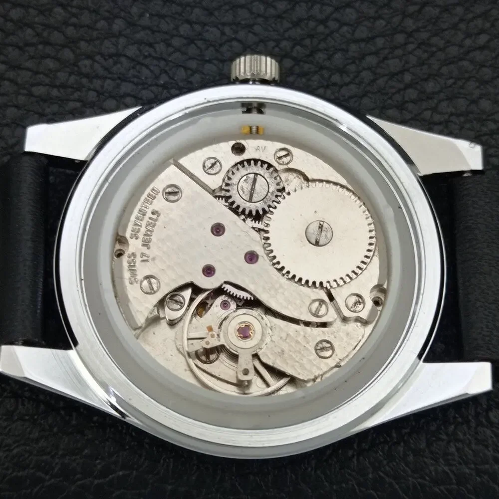 Vintage 1983 Roamer Manual Mens Silver Watch W/Leather Strap & White accents